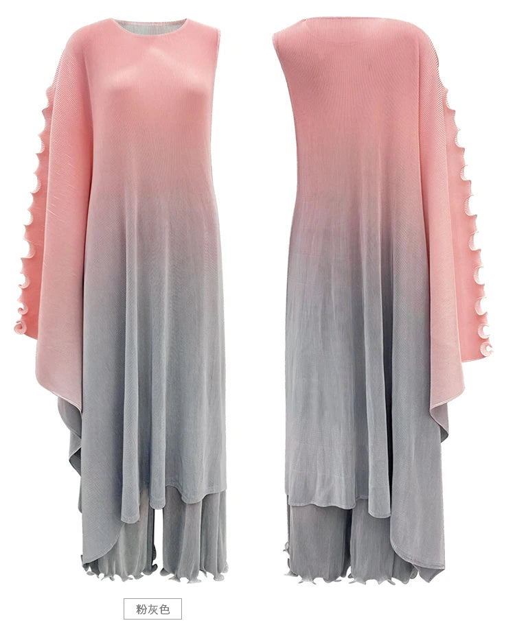 Miyake style  Pleated Bat Raglan Sleeve Irregular Dress Set Women 2025 New Fashion Original Designer Gradient Printing Two Piece Sets