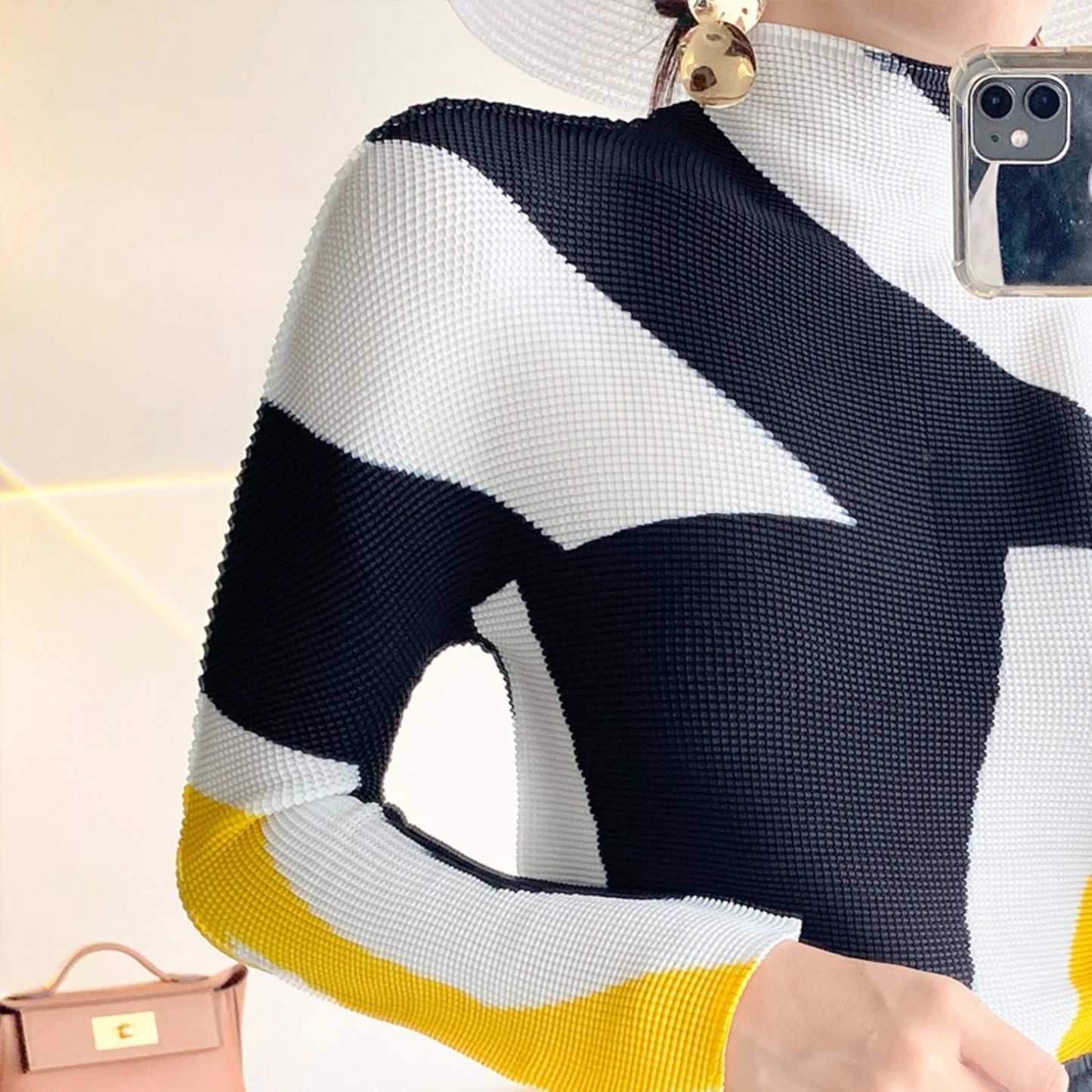 Miyake Pleated Contrasting Colors T-shirt Women Half Turtleneck Skinny Pullover 2025 Summer Fashion Female Clothing