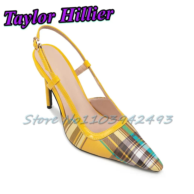 Patchwork Gingham Blue Heels Shallow Heeled Sandals Women Luxury Designer Shoes Summer Yellow Red Purple Buckle Strap Yellow New