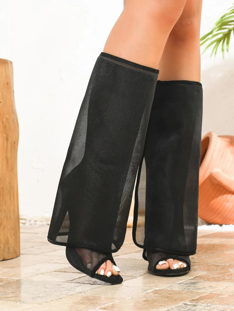 2026 Spring Summer Sexy Peep toe Mesh Women Knee High Boots Fashion 11cm High heels Detachable Zipper Nightclub Boots Shoes