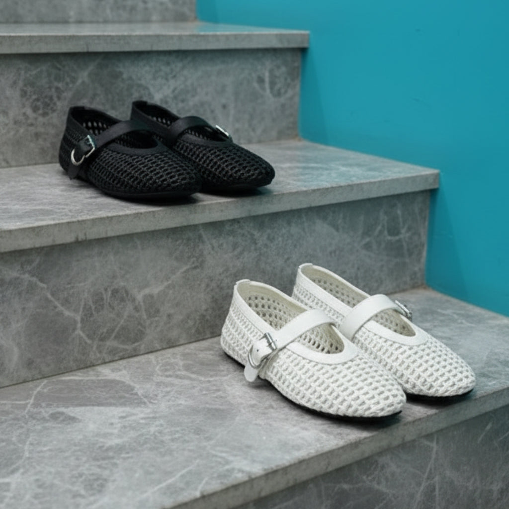 In style Fashion Summer Woven Women Ballet Flats Breathable Hollow out Mary Janes Leather Lazy Walking Loafers Girls Shoes