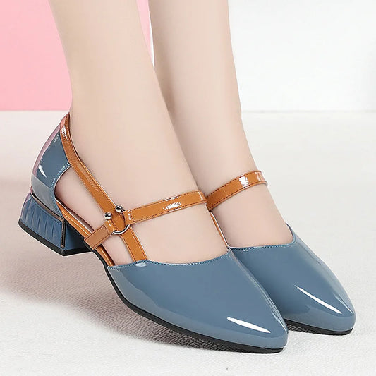 2024 Soft Leather Sandals Women Spring Summer Fashion Pointed Tip Single Shoes Low-Heel Hollow Buckle Ventilate Office Gentle