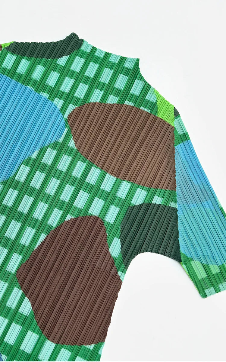 Miyake Elegant Green Plaid Color Block Print Pleated Top Mock Neck Half Sleeve Elastic Tee Daily Commute Office