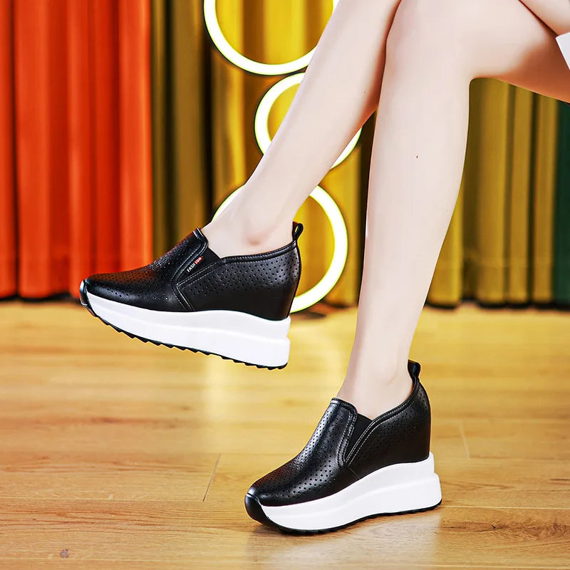 Fujin 10cm Women Summer Breathable Casual Sandals Platform Wedge Fashion Ins White Genuine Leather Chunky Sneaker Hollow Shoes