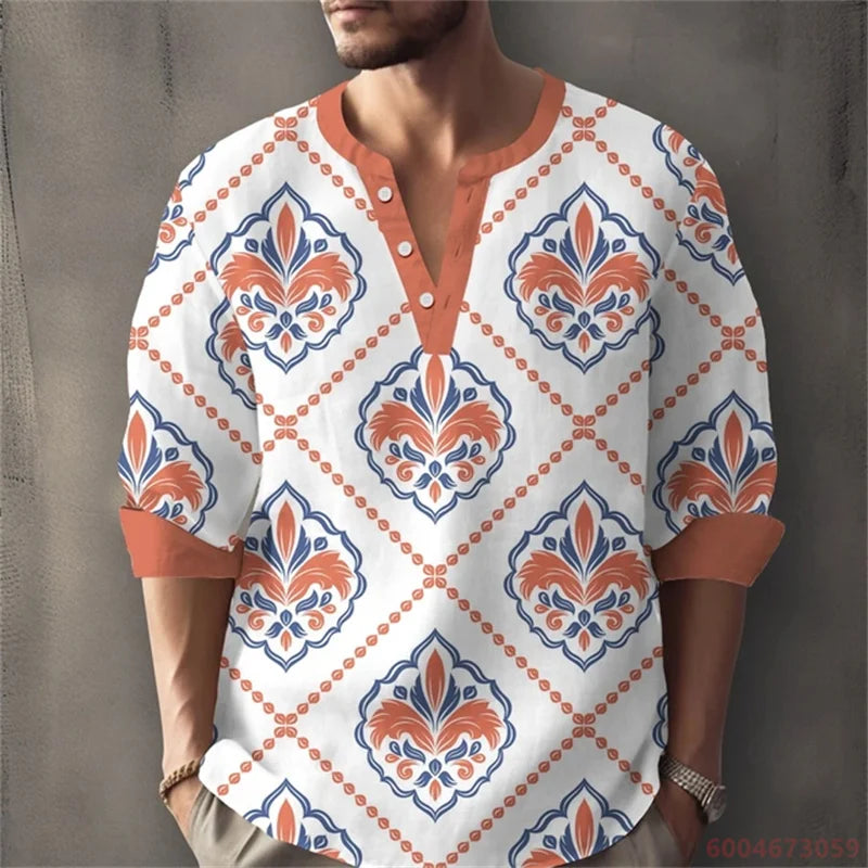 Men's Long-Sleeved Shirt for Summer Vacation, Featuring a Color-Blocked Geometric Print and Henley Collar; Stylish Men's Shirt.