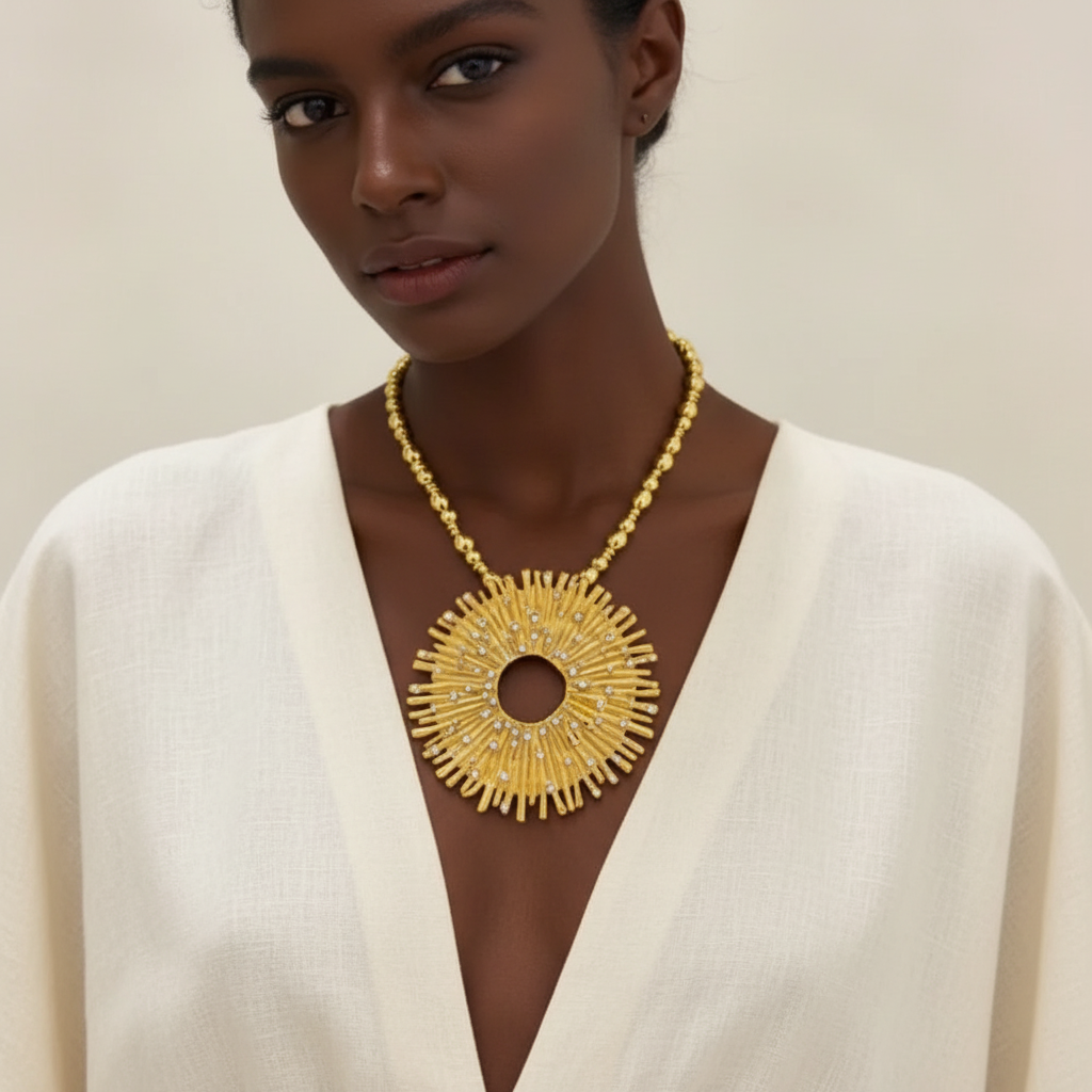 Exaggerated Women Fashion Metal Alloy Big Round Pendant Necklace Jewelry Vintage Personality Statement Accessories