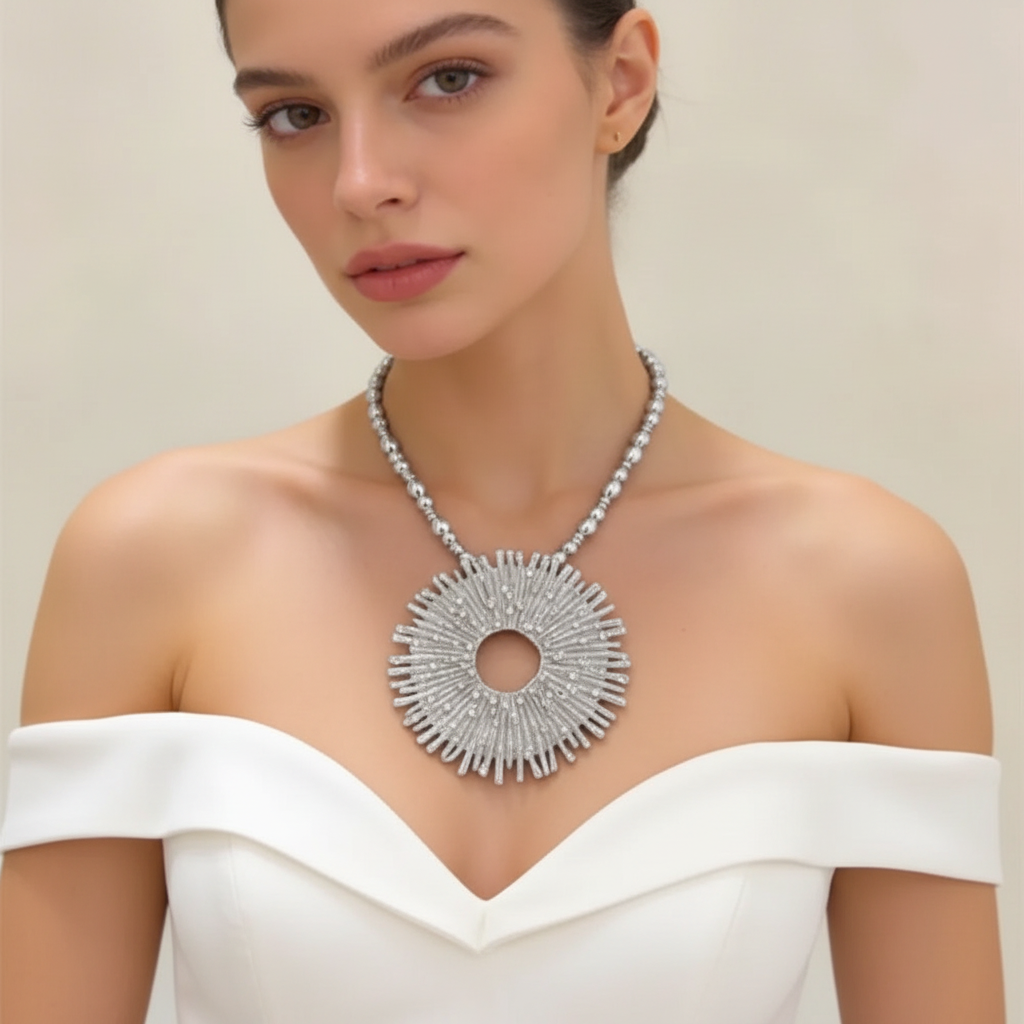 Exaggerated Women Fashion Metal Alloy Big Round Pendant Necklace Jewelry Vintage Personality Statement Accessories