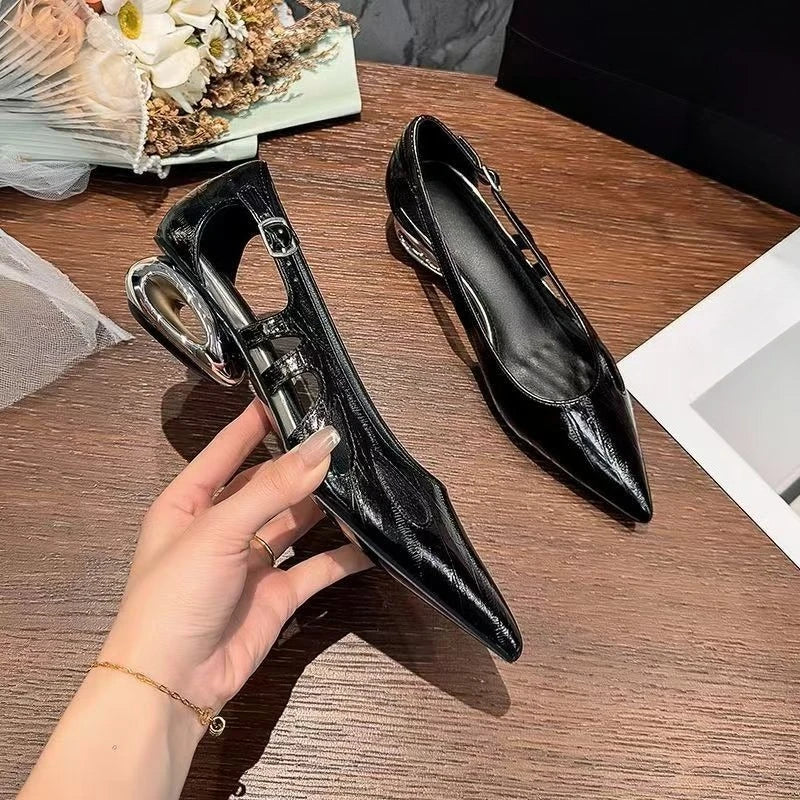 Cutout Low Heel Single Shoes Women's Pointed Toe Shallow Mouth One Strap Non-Slip Wear-Resistant Block Heel Shoes