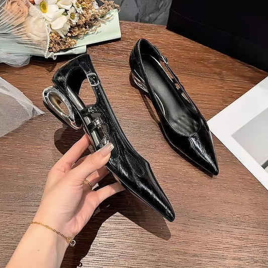 Cutout Low Heel Single Shoes Women's Pointed Toe Shallow Mouth One Strap Non-Slip Wear-Resistant Block Heel Shoes