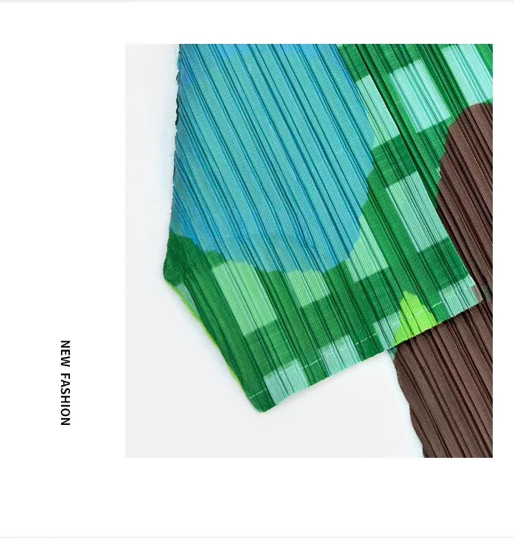 Miyake Elegant Green Plaid Color Block Print Pleated Top Mock Neck Half Sleeve Elastic Tee Daily Commute Office