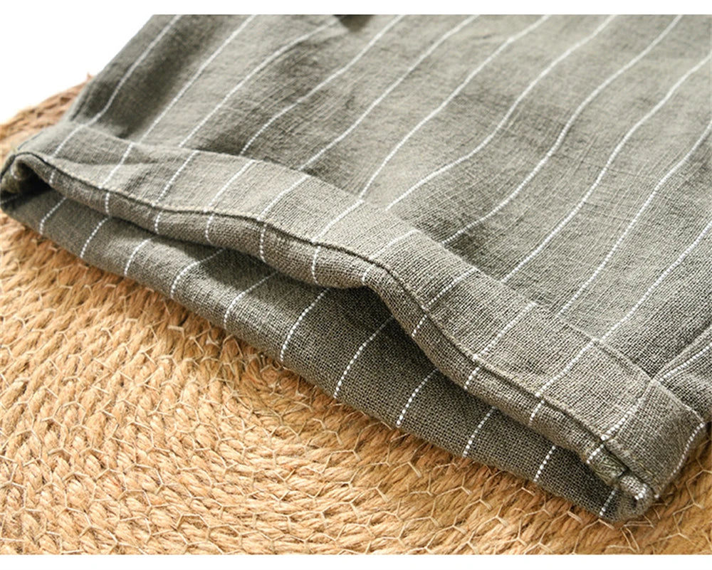 Summer cotton linen men's beach shorts loose fit breathable ramie striped straight daily causal pants for men