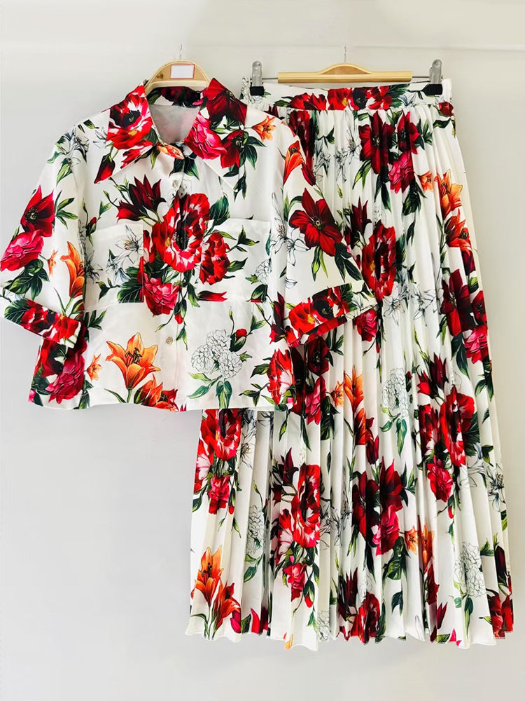 Retro print lapel short shirt two-piece set for 2026 summer women's wear+elastic waist loose pleated skirt fashion set