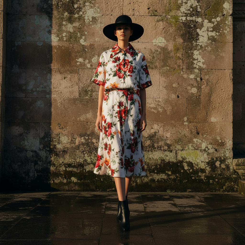 Retro print lapel short shirt two-piece set for 2026 summer women's wear+elastic waist loose pleated skirt fashion set