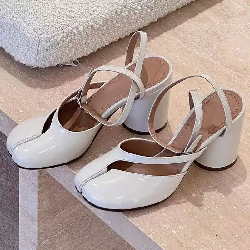 Ins style Fashion Patent Leather Split Toe Women Pumps Spring Summer Thick High heels Slingbacks Female Tabi Chunky Casual Shoes