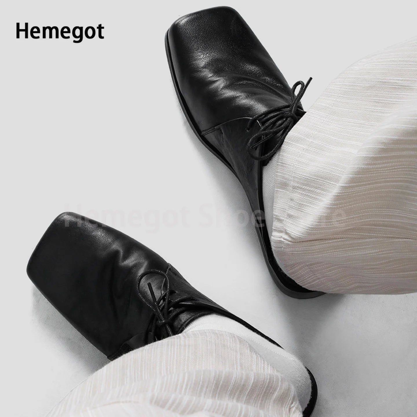 Black Leather Mules Slippers Men's Shoes Square Toe Lace-Up Flats Wear-Resistant Solid Color Casual Shoes Handmade Men's Shoes