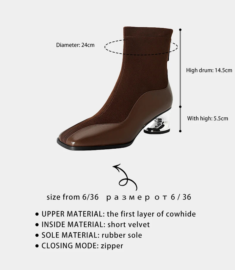 Modern Square Toe Chunky Woman Genuine Leather Ankle Boots Designer Suede Mid innovative Heels boots.