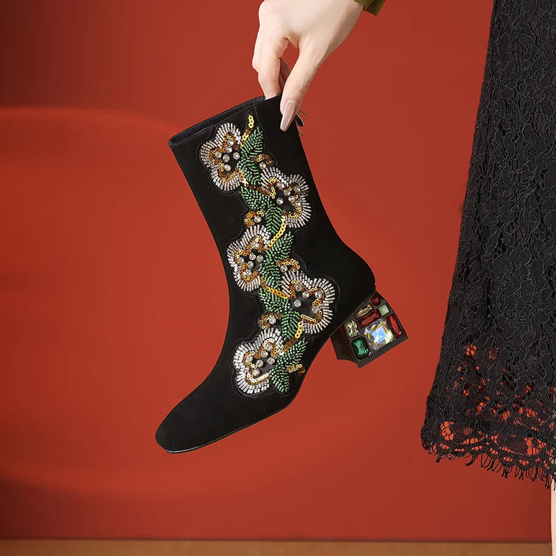 Dilalula 2026 Genuine Cow Suede Ethic Ankle Boots Women Square Toe Crystal Heel Embroider Short Boots Female Beads Dec Footwear