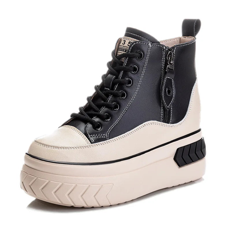 High Top Women Shoes Genuine Leather 8cm Platform Boots Ankle Wedge Hidden Heel Zip Autumn Warm Fur Winter Shoes Sneakers