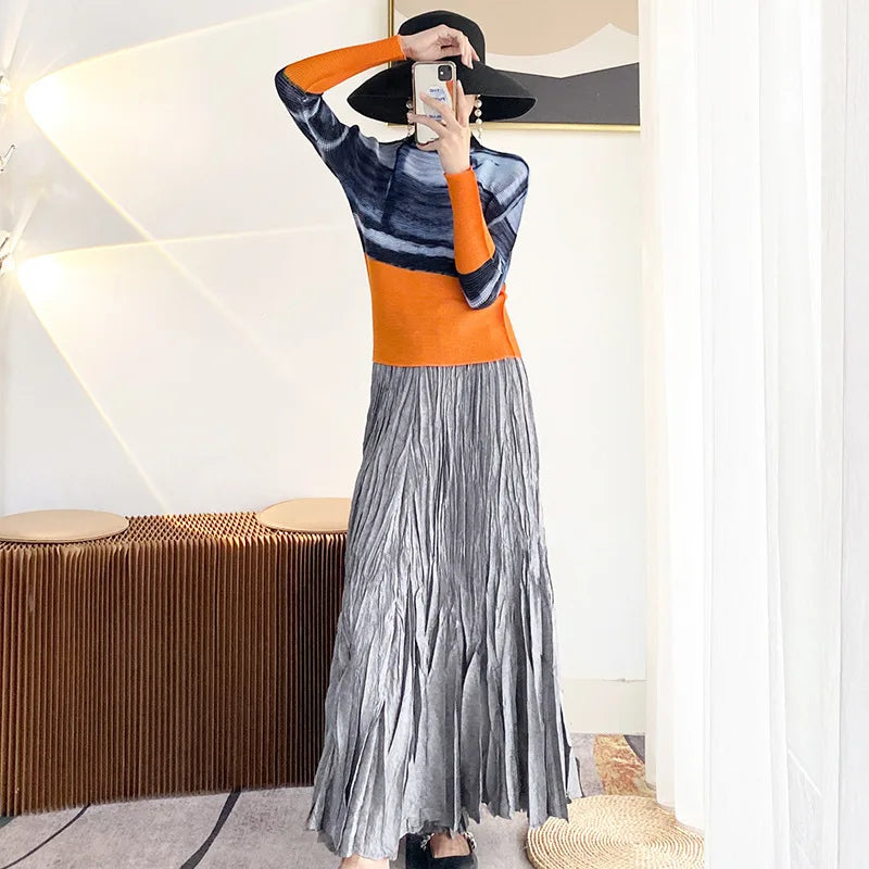 Miyake Pleated Contrasting Colors T-shirt Women Half Turtleneck Skinny Pullover 2025 Summer Fashion Female Clothing