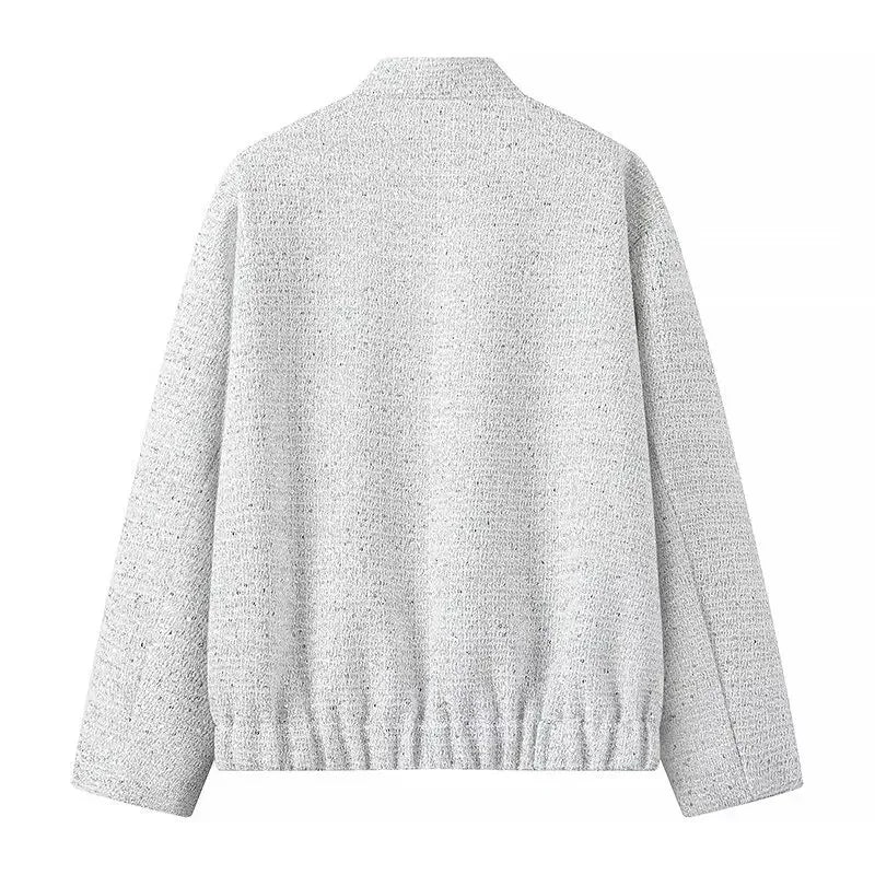 Women's Sequined Bomber Jacket Fall New Round Neck Long Sleeve Pocket Stretch Hem Sequins Jacket Coat Female Chic Outerwear