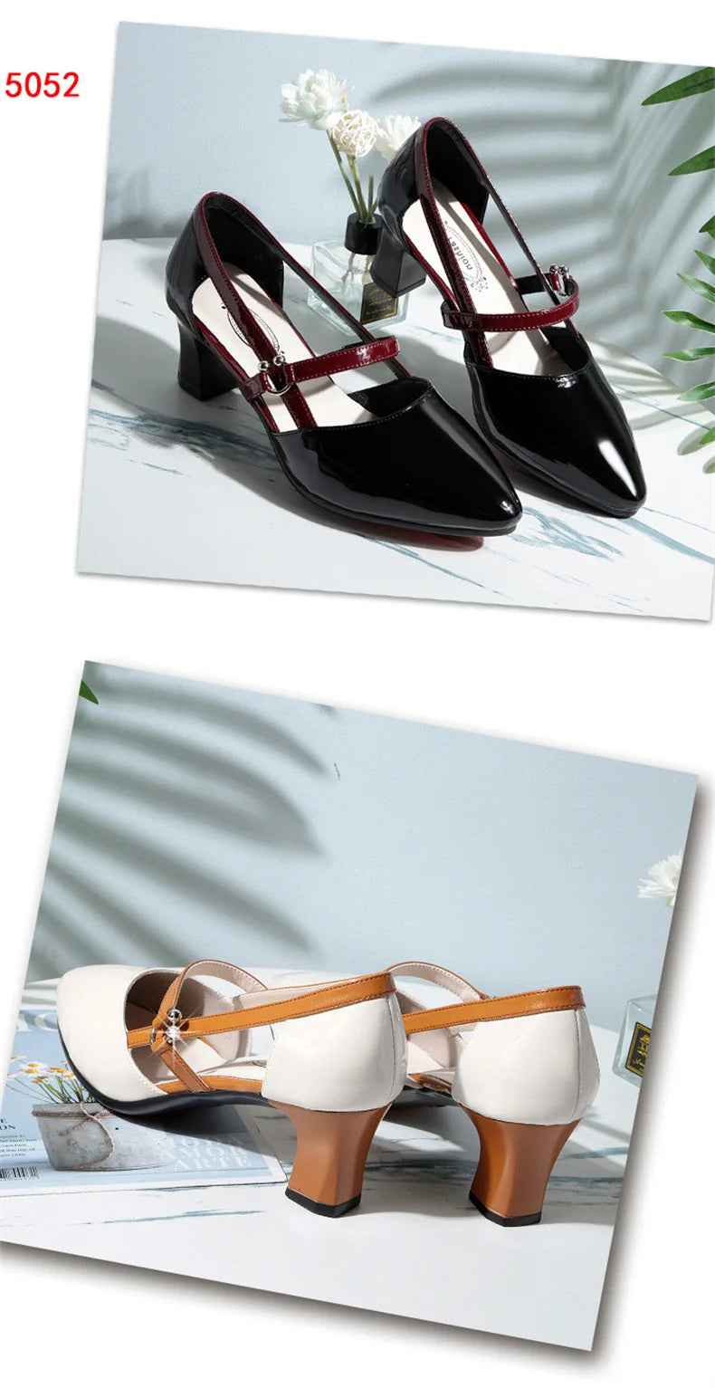 2024 Soft Leather Sandals Women Spring Summer Fashion Pointed Tip Single Shoes Low-Heel Hollow Buckle Ventilate Office Gentle