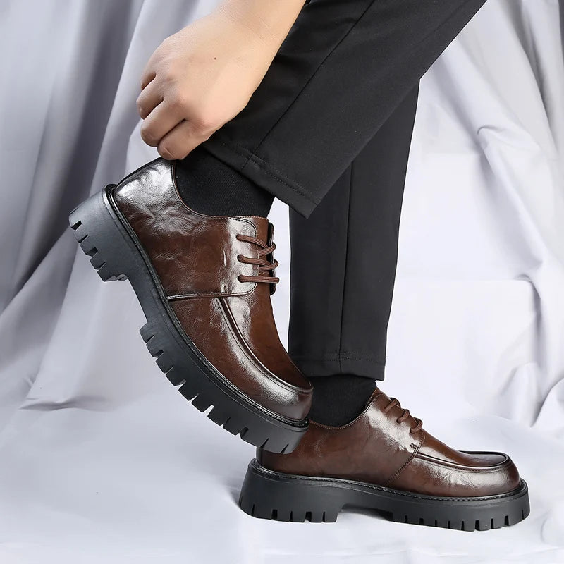 Men's Fashion Genuine Leather British Style Thick Bottom Work Shoes Classic Lace Up Comfortable Anti Slip Big Head Leather Shoes