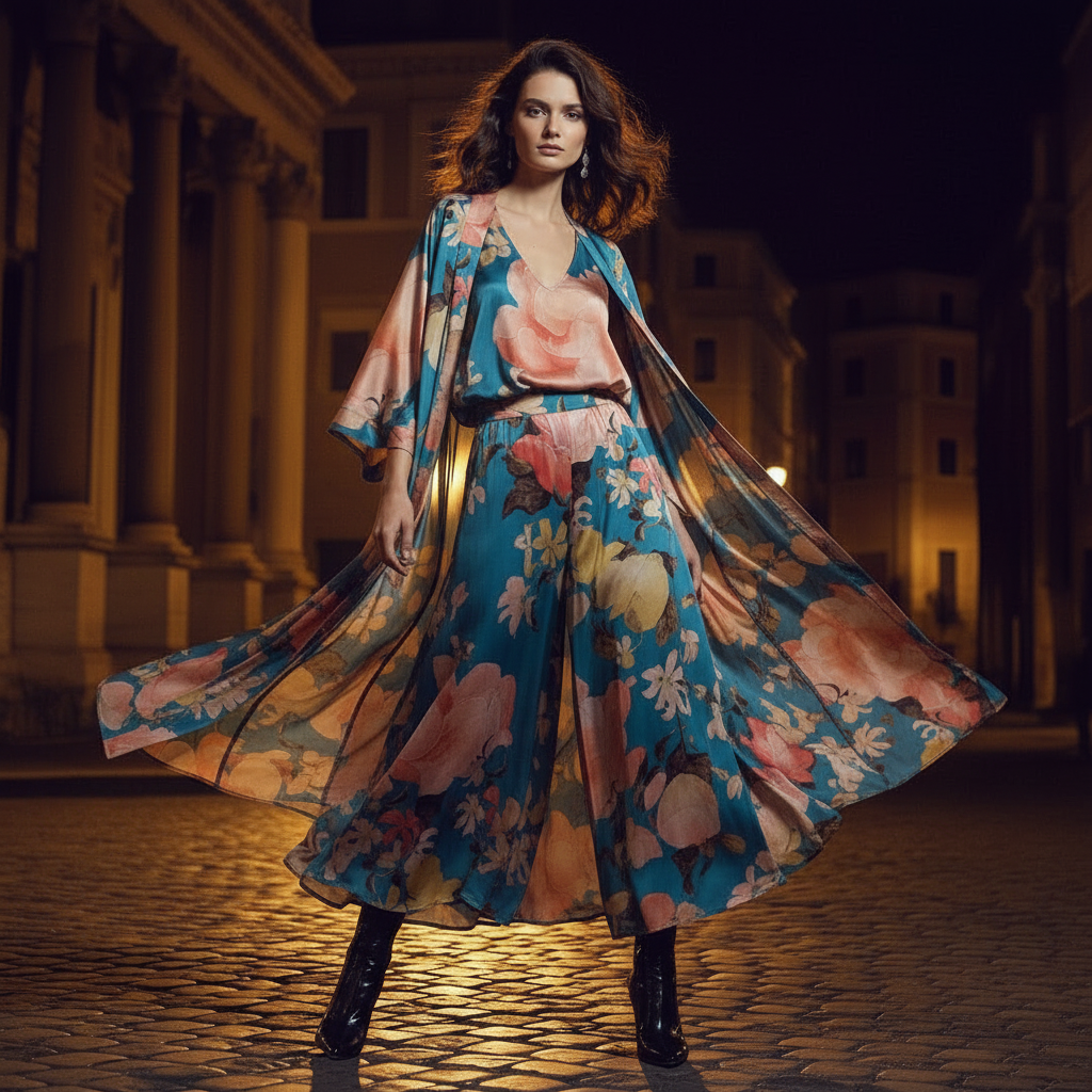 Retro positioning printed long cardigan+vest three piece set 2026 spring women's clothing+loose pants skirt fashion set