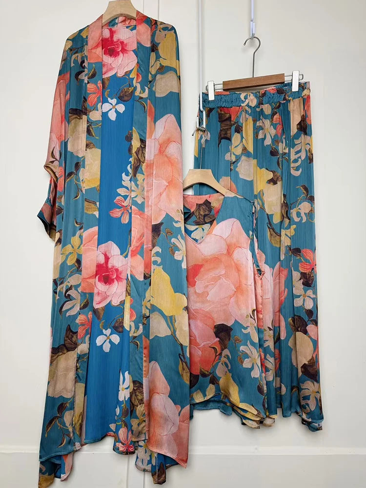 Retro positioning printed long cardigan+vest three piece set 2026 spring women's clothing+loose pants skirt fashion set