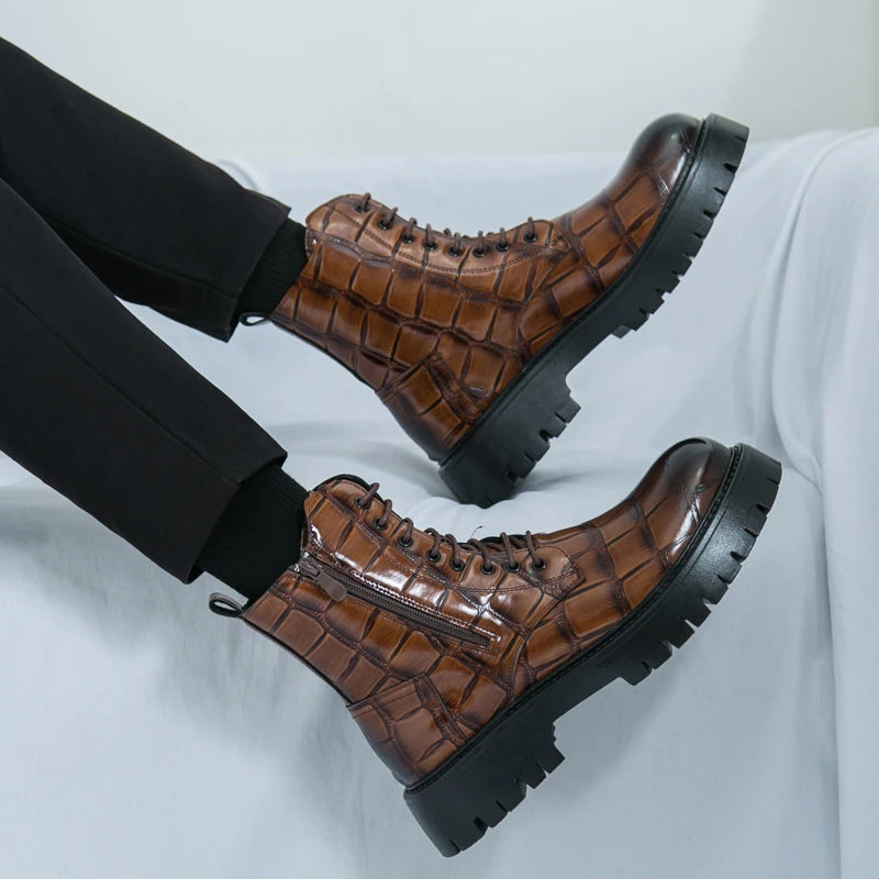 Luxury Brand Men's Autumn and Winter Crocodile Leather Side Zipper High Top Boots Fashionable New Men's Comfortable Short Boots