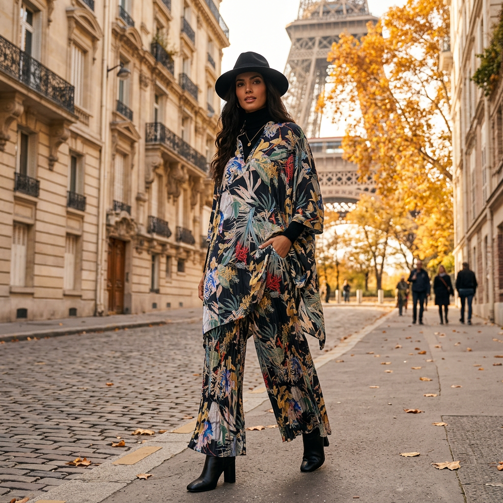 Retro geometric print V-neck pullover irregular dress 2026 autumn women's clothing+loose plus wide leg pants fashion set