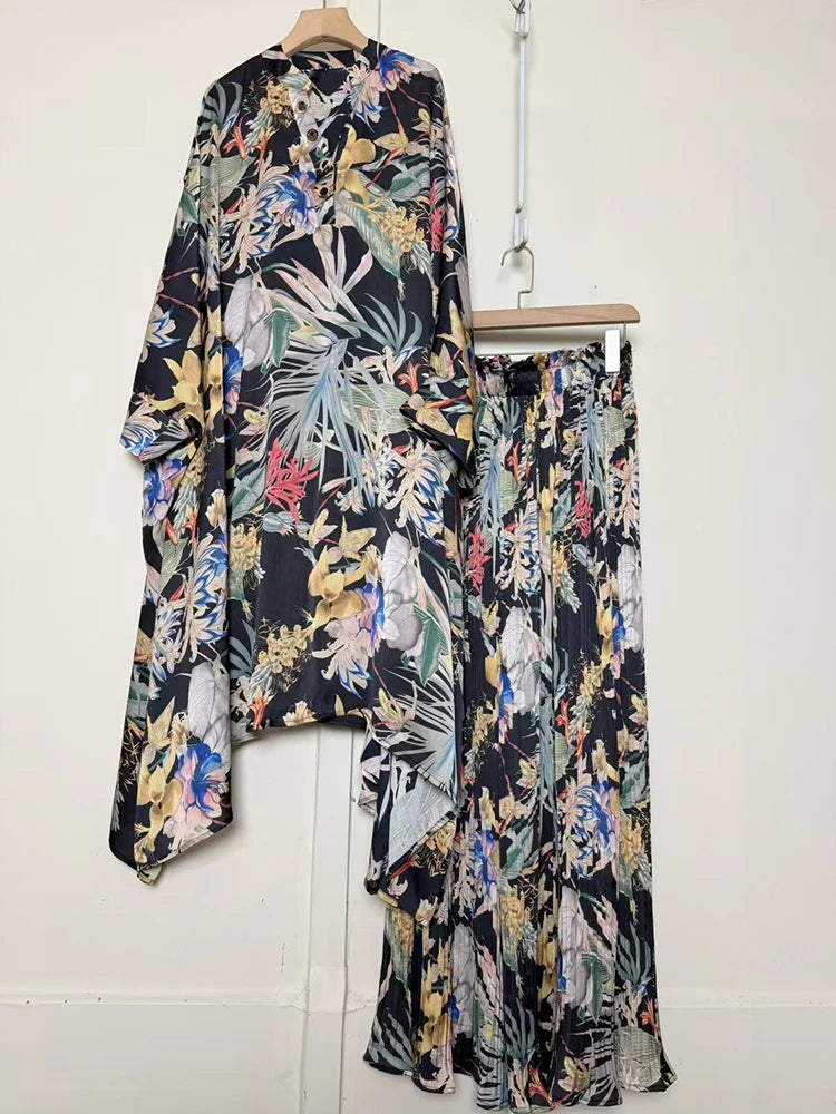 Retro geometric print V-neck pullover irregular dress 2026 autumn women's clothing+loose plus wide leg pants fashion set