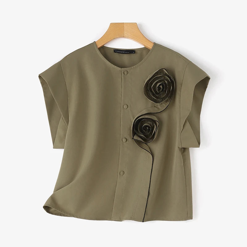 ZANZEA 2025 Summer Blouses Women Three-D Flowers Shirts Short Sleeve Blusas Chic Round Neck Shirts Casual Loose Colorblock Tops