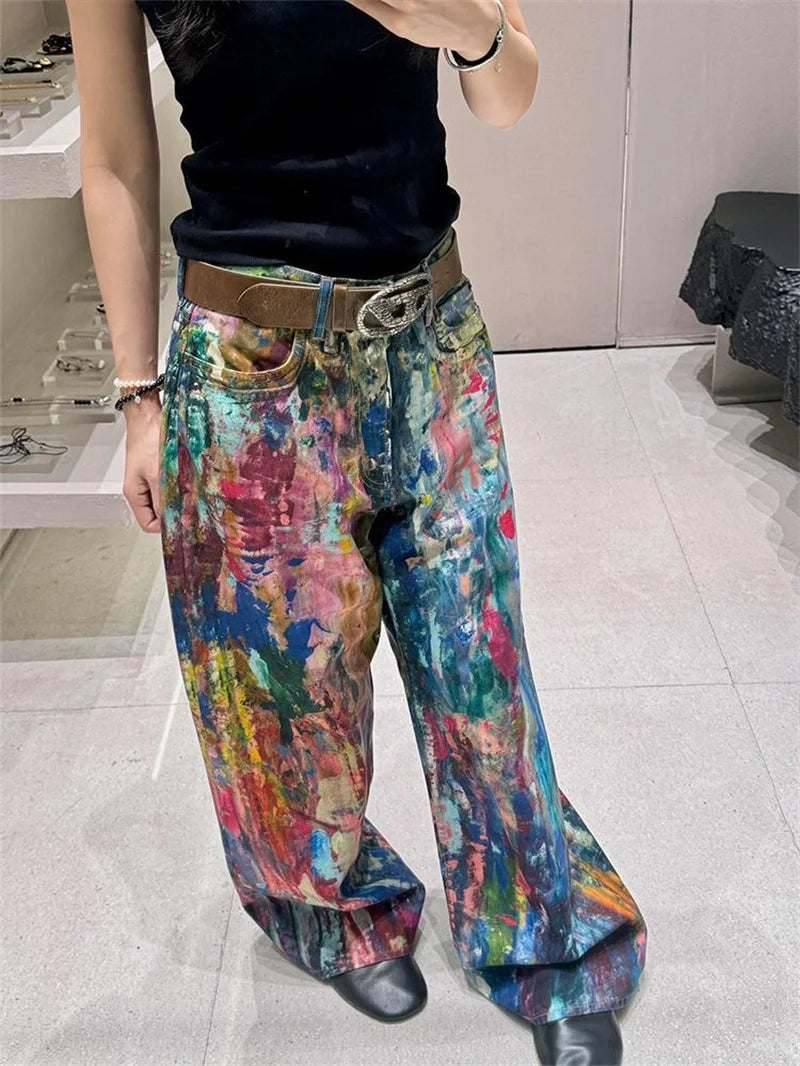 Limiguyue Spring Autumn Y2K 3D Print Jeans for Women Oil Paint Wide-Leg Long Streetwear Trousers American Splatter Runway 253A