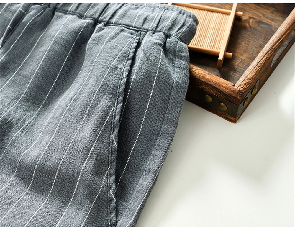 Summer cotton linen men's beach shorts loose fit breathable ramie striped straight daily causal pants for men