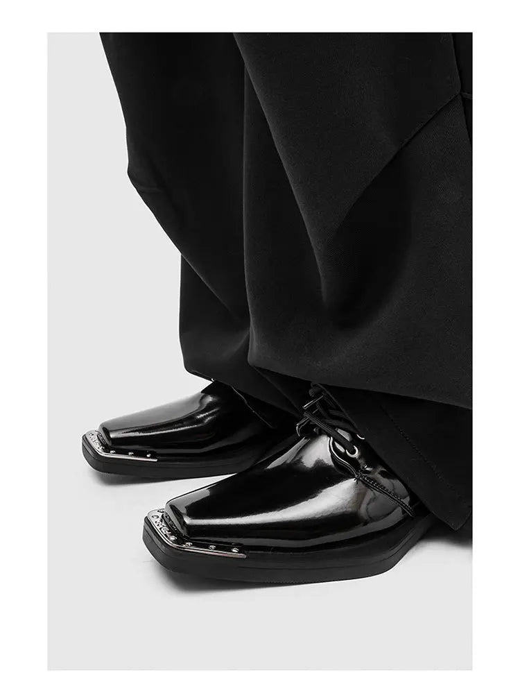 Metal Square Toe Derby Shoes Fashionable Thick Soled Lace Up Design Upturned Toe Thick Heel Trendy Men's Casual Leather Shoes