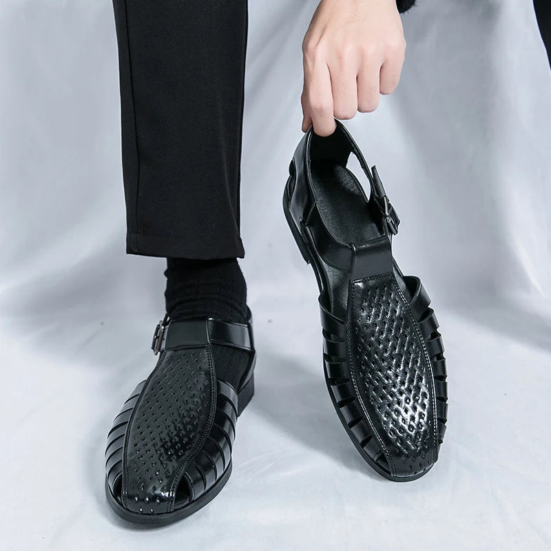 Brand's New Men's Summer Oversized Breathable Sandals Retro Pointed Men's Fashion Trend Hollowed Out Comfortable Leather Shoes