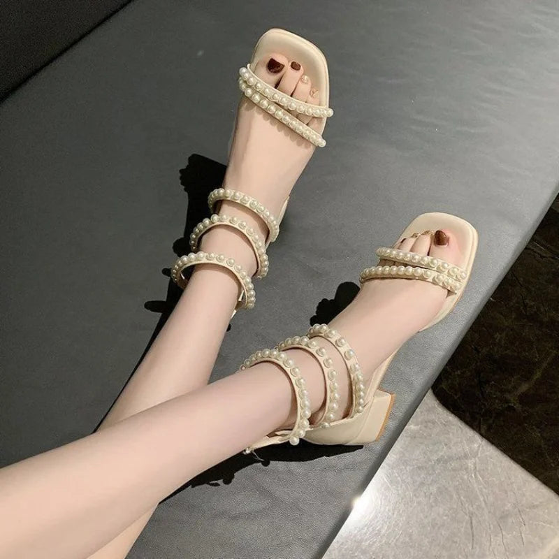 Pearl with Medium Heels Summer 2025 Women's Shoes Sandals for Woman Square Footwear Black Comfort Anti Slip Hot Vip The Best H F