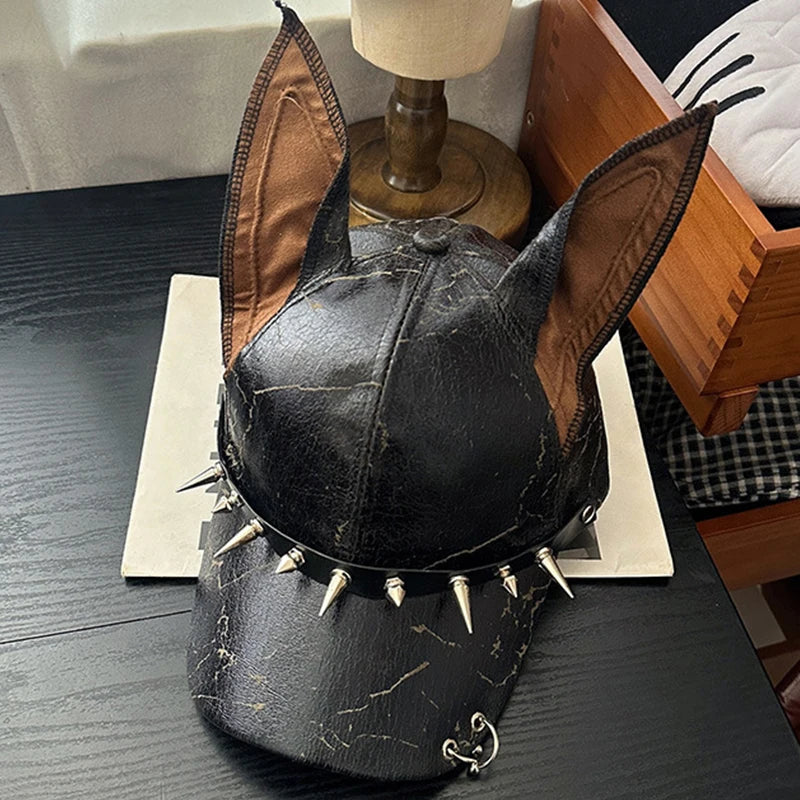 New Niche Punk Leather Rivet Dog Ears Baseball Caps Spring Autumn Men Women Personality Adjustable Trendy Sunshade Hip Hop Hats