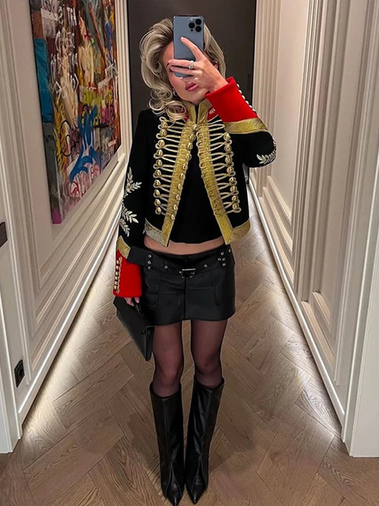 Napoleon Golden Button Patchwork Jacket Women Luxury Stand Collar Long Sleeve Panelled Slim Short Coats Chic Lady New Outerwears