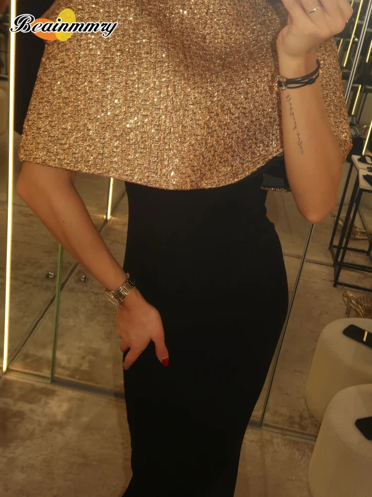 Elegant Chic Gold Sparkle Capelet Top Shiny Tweed Shoulder Wrap Turtleneck Short Cloak New Lady Evening Club Party Tops 2026
