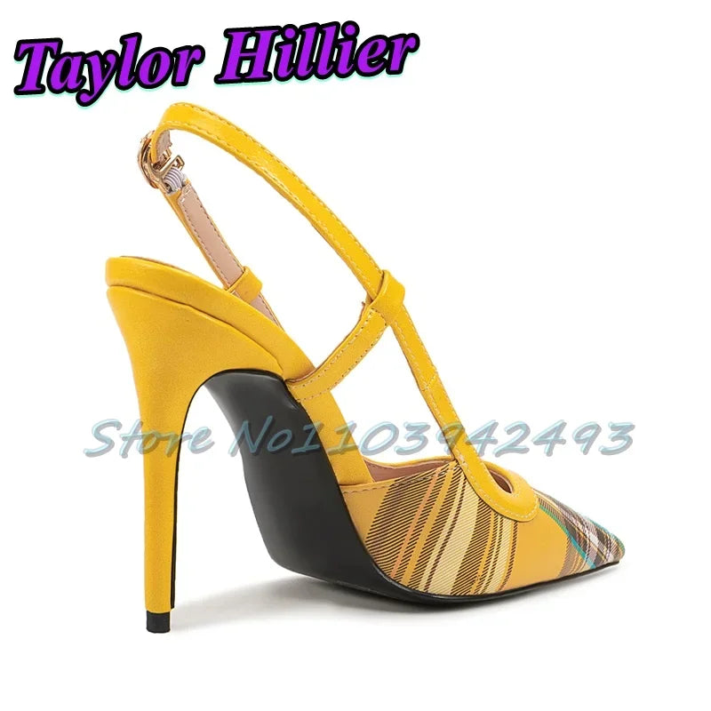 Patchwork Gingham Blue Heels Shallow Heeled Sandals Women Luxury Designer Shoes Summer Yellow Red Purple Buckle Strap Yellow New