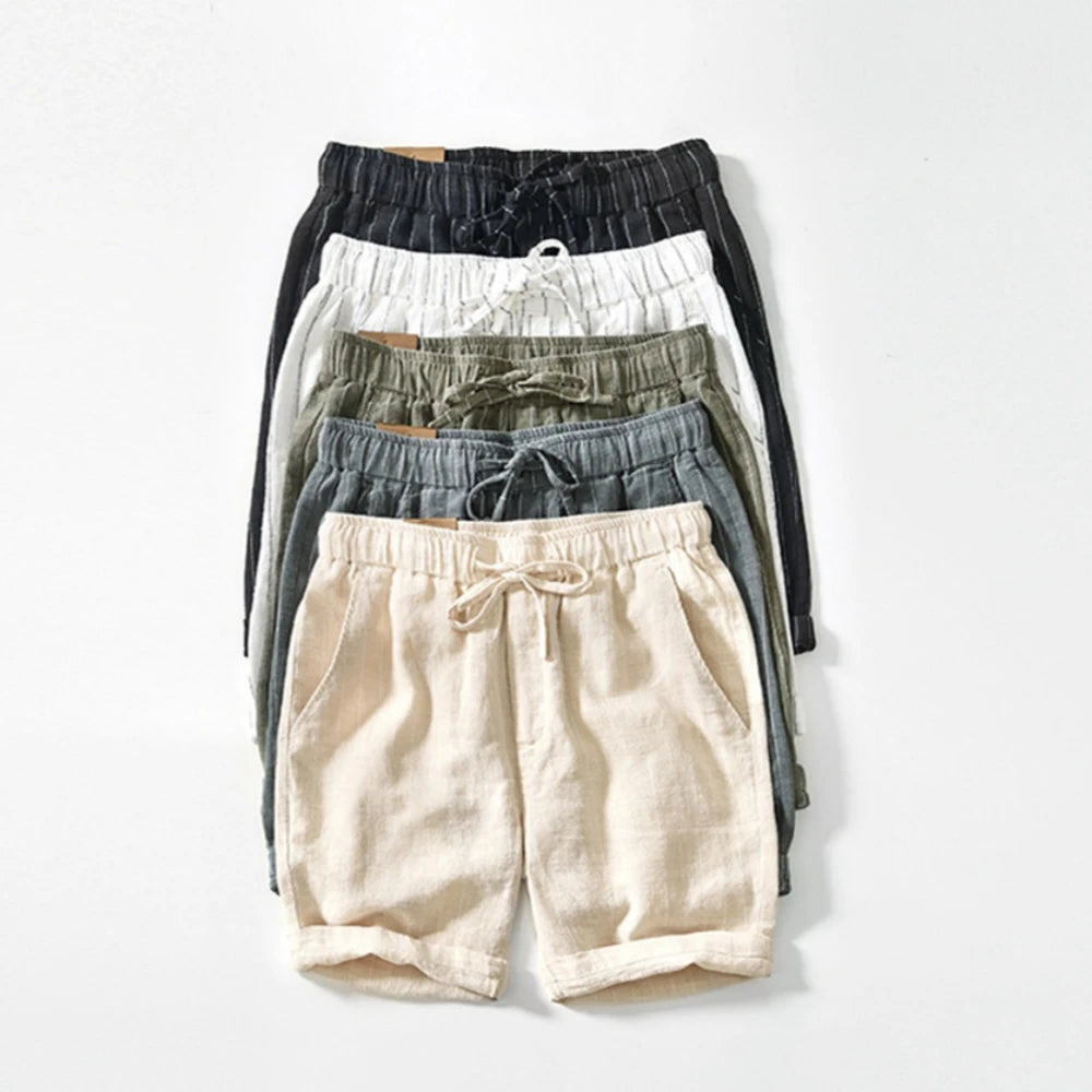 Summer cotton linen men's beach shorts loose fit breathable ramie striped straight daily causal pants for men