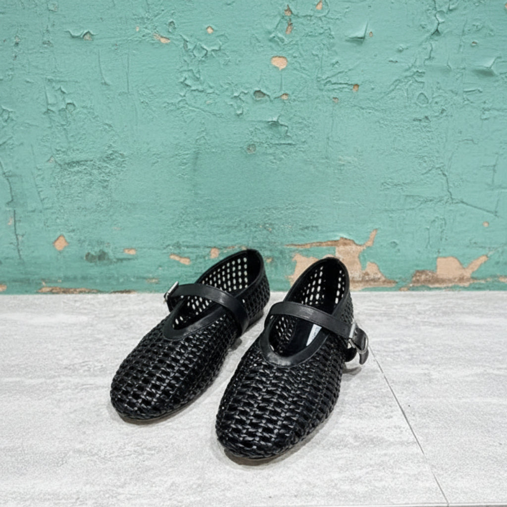 In style Fashion Summer Woven Women Ballet Flats Breathable Hollow out Mary Janes Leather Lazy Walking Loafers Girls Shoes