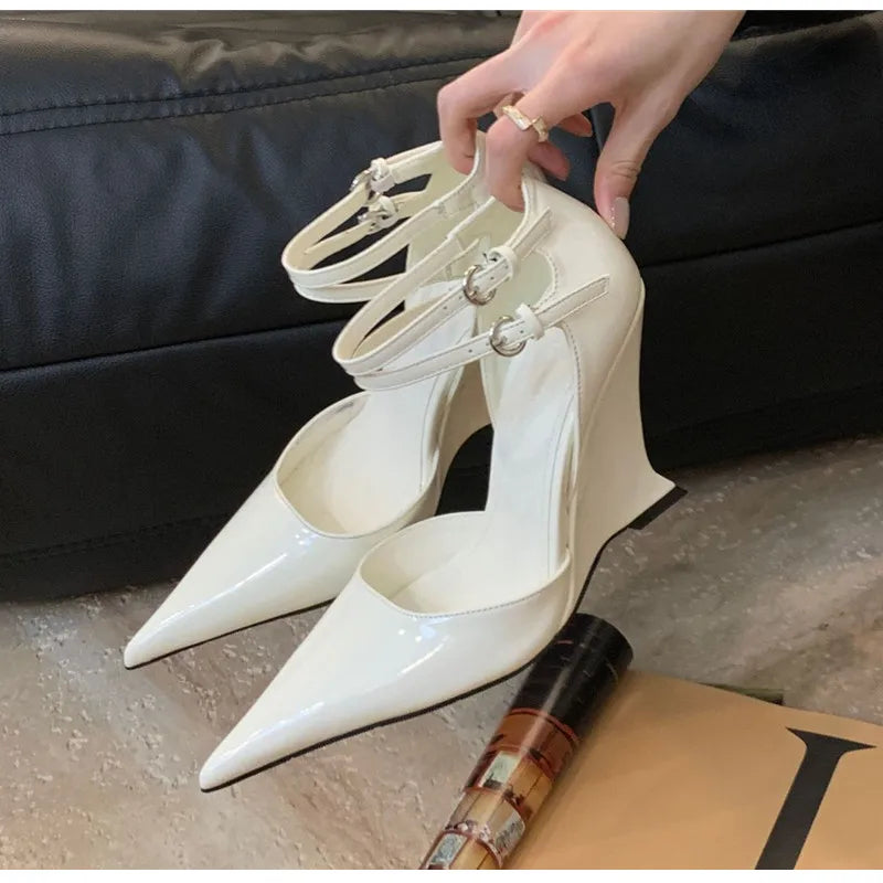 Fashion Patent Leather Platform Wedges Women Pumps Spring Autumn Double Strap Buckle High heels Mule Wedding Party Sandals Shoes
