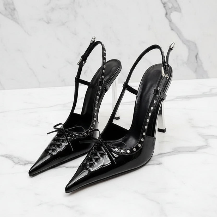 Patent Leather Rivet Women Pumps Elegant Pointed toe Lace-up Office Lady Slingbacks High heels Party Shoes 2026 Summer Fashion