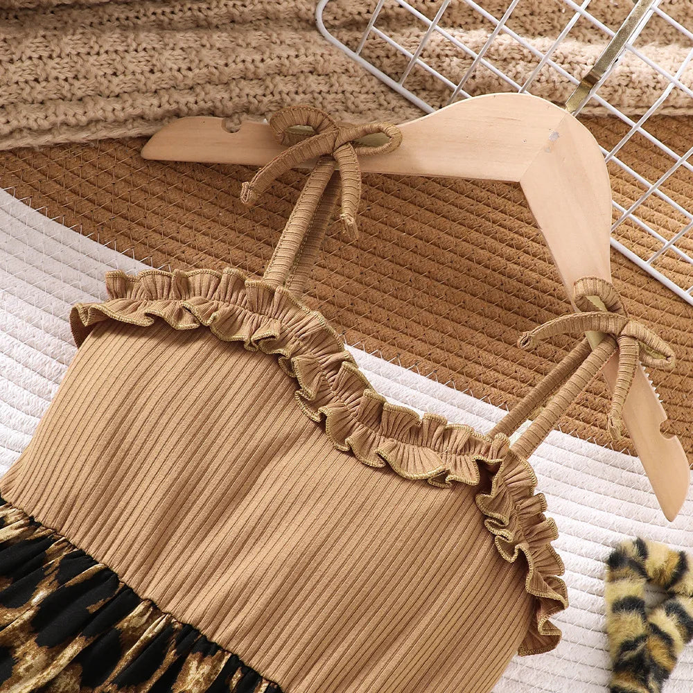 Toddler Girls' Khaki & Leopard Print Paneled Camisole Dress - Ribbed Fabric with Ruffled Trim, Sweet Edgy Retro Spring & Summer