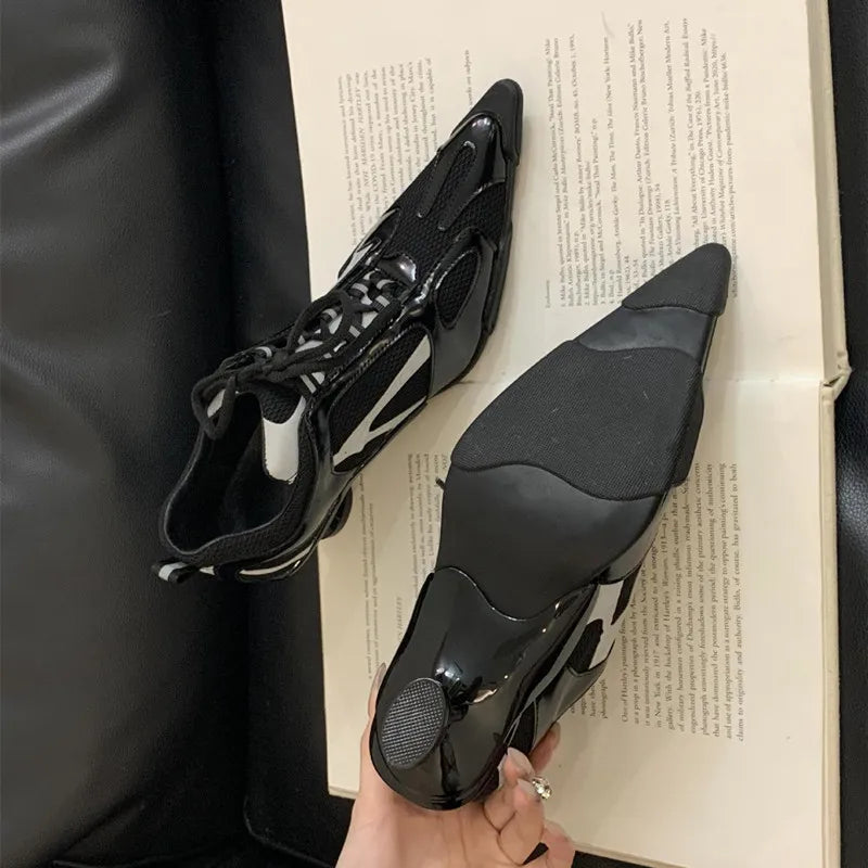 Sport Style Fashion Mixed-color Pointed toe Women Pumps Spring Autumn Breathable Mesh Strange High heels Casual Sneakers Shoes