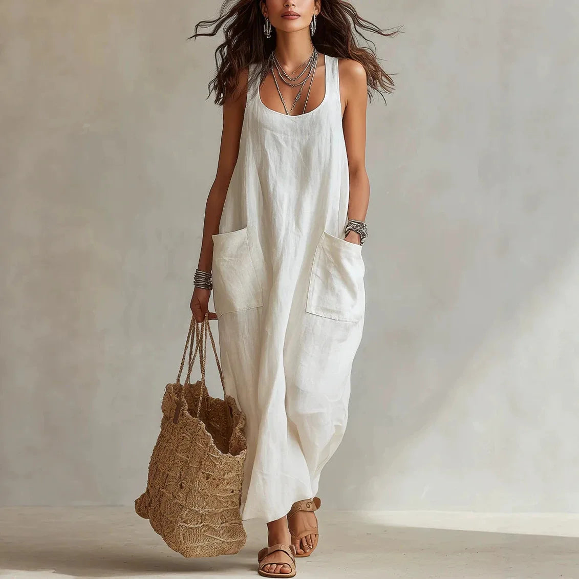 Women's Cotton Linen Square Neck Maxi Dress with Pockets Spaghetti Strap Sleeveless Loose Vacation Beach Long Sundress S-2XL