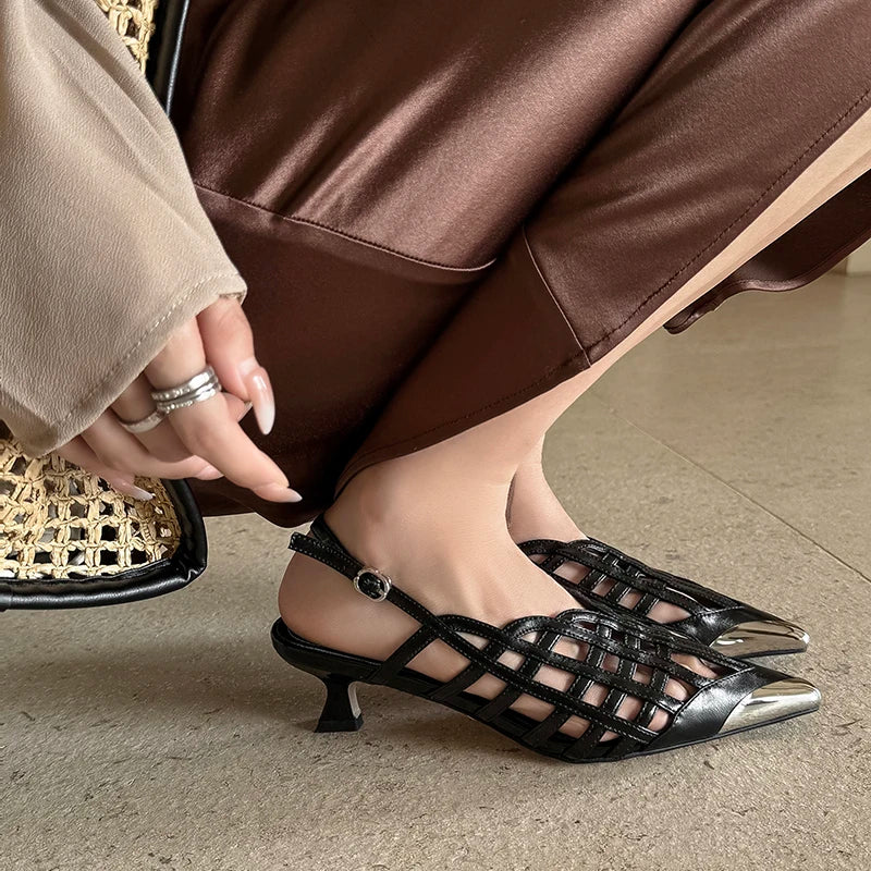 Sexy Real Leather Sandals Women Covered Metal Head Toe Narrow Band Sandals Ladies Party Dating Summer Med Heels