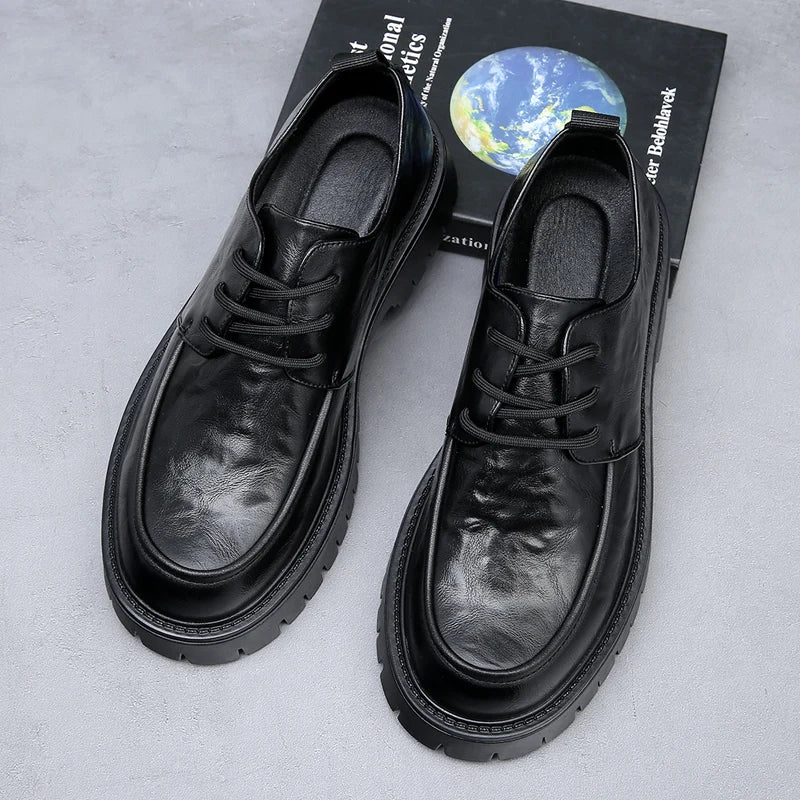 Men's Fashion Genuine Leather British Style Thick Bottom Work Shoes Classic Lace Up Comfortable Anti Slip Big Head Leather Shoes